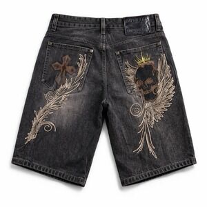 Imperious Denim Shorts Mens 34 Embroidered Skull Cross Gothic Y2K